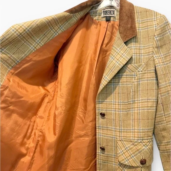 Forenza Vintage 80s Tweed Plaid Wool Leather Collar Hip Pockets Blazer Sz 4 - Picture 3 of 9